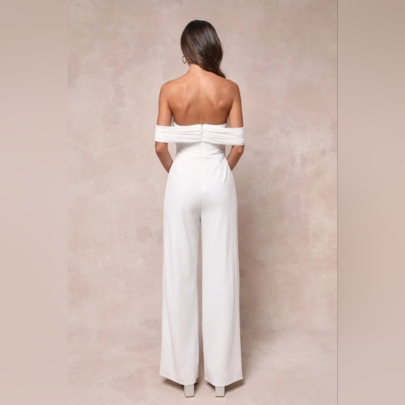 Lulus Gorgeous Fantasy White Mesh Ruched Off-the-Shoulder Jumpsuit XS Wedding - Picture 6 of 11